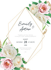 Elegant wedding invite, save the date card. Pink peony, cream white rose flowers, green leaves bouquet. Floral vector illustration with golden geometrical frame. Stylish, editable, watercolor template
