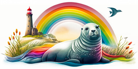 Plakat North sea coast landscape with rainbow, giant waves, lighthouse and dunes. White background, illustration, Generative AI