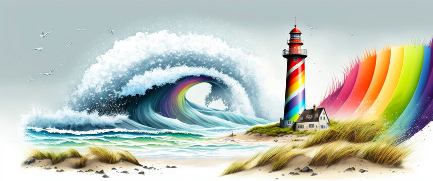 North sea coast landscape with rainbow, giant waves, lighthouse and dunes. White background, illustration, Generative AI
