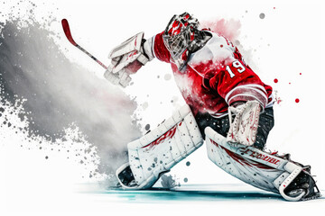 Illustration of a professional ice hockey player goalkeeper in action on white background, Generative AI - obrazy, fototapety, plakaty