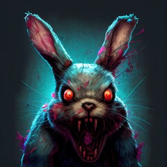 Vampire rabbit showing fangs. Head portrait.