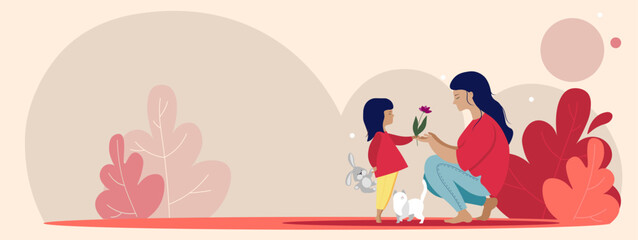 flat illustration, website header, a little girl gives her mother a flower