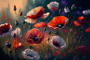 Fotobehang Remembrance Day, poppy field created with generative AI technology © Neuroshock