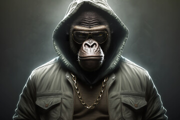 monkey in jacket and sunglasses with golden chains, rapper or bandit, gangster, cool gorilla. Illustration. Generative AI. - obrazy, fototapety, plakaty