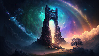A mystical tower in the heart of a vibrant nebula galaxy generative AI Illustration © Xavier