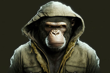monkey in jacket, rapper or bandit, gangster, cool gorilla. Illustration. Generative AI. - obrazy, fototapety, plakaty