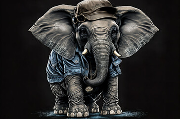 Fototapeta na wymiar baby elephant covered in denim overalls and sunglasses. Generative AI.