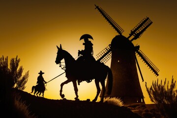 A Charming Glimpse - Silhouette of Don Quixote de la Mancha Riding a Horse and Sancho Panza Riding Donkey Generative AI