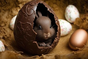 Naklejka na ściany i meble Make Easter Extra Special With This Cute Little Bunny in a Chocolate Egg Generative AI 