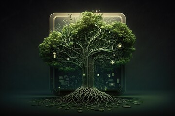 Computer Powered by Green Energy Wallpaper, Tree Growing Infused with Computer Board, Technology, Futuristic, Abstract, Background, Generative AI