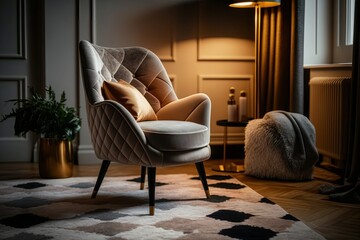 Blend of Style and Serenity: Stylish Living Room Decor Ideas with a Design Armchair and Soft Carpet to Create a Tranquil Retreat.