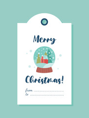 Christmas tag with ball. Crystal sphere with red house, snowfall and Christmas tree inside. Gift and present. Design element for greeting postcard. Cartoon flat vector illustration
