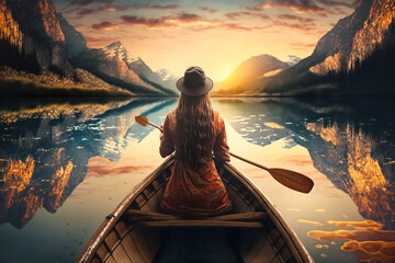 Naklejka na ściany i meble A Woman's Journey on a Canoe at Sunset, Paddling Through the Water. Generative AI