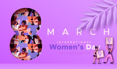 International women’s day 8 march purple cutout diverse people card