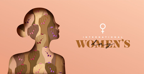 Fototapeta na wymiar Women’s day papercut woman silhouette high fist concept card