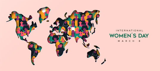 International women’s day world map cutout diverse people card