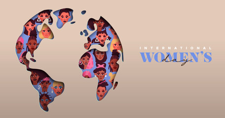 International women’s day world map papercut diverse woman card design