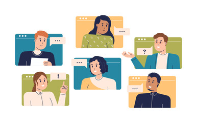 Conference Call with Business Team Online. Virtual Remote Work Vector Illustration.