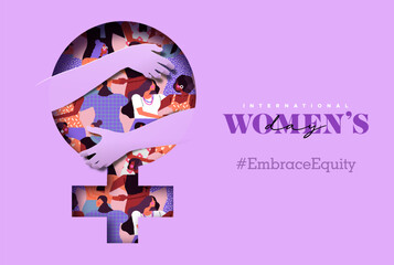 Women's Day two hands embrace female symbol concept card - obrazy, fototapety, plakaty