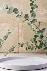 Empty cement decorative stand and eucalyptus branches on the table, background for showcasing...