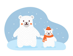 Polar bear concept. Mother and son in red hat and scarf under snowfall, arctic animals. Predator and mammal. Winter season and cold weather, ice landscape. Cartoon flat vector illustration