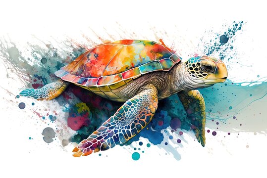Cartoonish sea turtle swimming over a rainbow of paint splatters Generative AI
