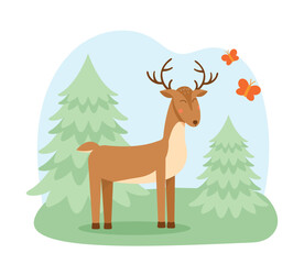 Obraz na płótnie Canvas Deer on lawn concept. Forest dweller on background of trees. Biology and fauna, mammal and wild life. Animal with insects, red butterflies. Cartoon flat vector illustration