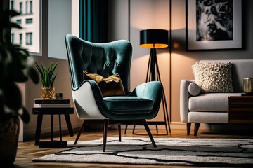 Trendy and Inviting: Stylish Living Room Decor Ideas Highlighting a Design Armchair and Cozy Carpet to Set the Perfect Atmosphere.