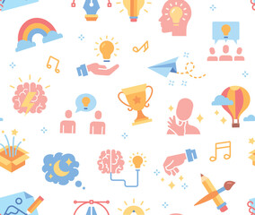 Creativity color seamless pattern. Repeating design element for printing on fabric. Innovation, insight and idea, brainstorming, creative. Partnership and teamwork. Cartoon flat vector illustration