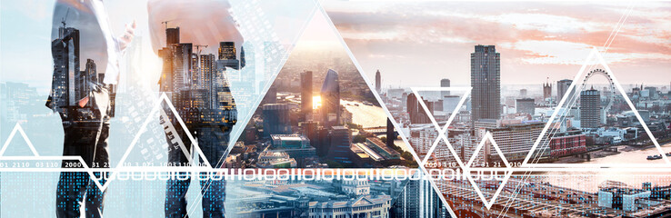Business people in the City, business concept illustration with City of London view at sunset