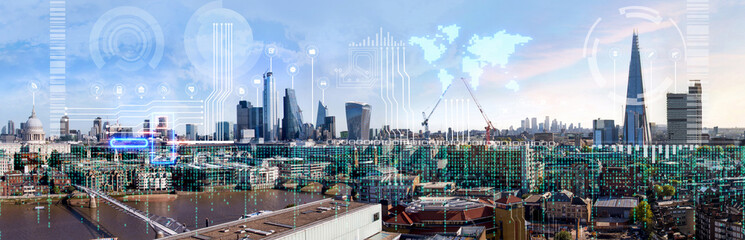 City of London view, business and financial area of capital with business intelligence key...