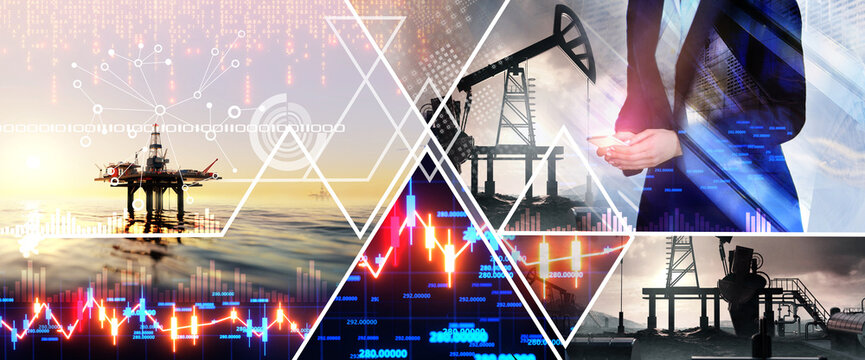 Business people analysing the data, stock market report on oil and gas prices. Financial dashboard with business intelligence key performance indicators. Oil supply industry 3d rendering illustration