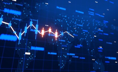 Neon line of financial graphs charts, stock market prices, business strategy against of world map. International trading, Digital marketing. 3D rendering