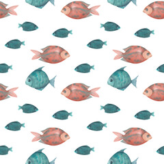 Cotton fabric Hand-drawn watercolor fish seamless pattern. A set of decorative blue fish and one red fish on a white background