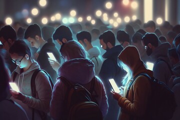 Crowd of people on the street watching like zombies on their smartphones. Ai generative - obrazy, fototapety, plakaty