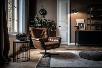 Modern and Upscale Living Room Setting Showcasing a Design Leather Armchair, Unique Angled Arrangement, and Luxurious Carpet Decor in Home Decoration