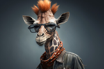 portrait of a giraffe in a jacket and sunglasses, thug or gangster, cool giraffe. Illustration. Generative AI.