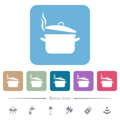 Steaming pot with lid flat icons on color rounded square backgrounds