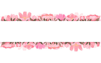 Cherry blossom horizontal banner frame sakura flower flat. Floral ornament spring bloom branch leaf spring bunch border greeting holiday season voucher template brochure pink background fashion card