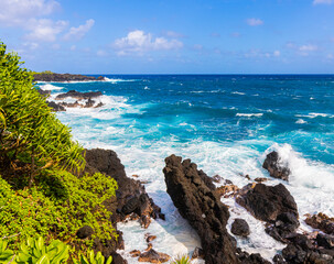 Waves Crash Against Rugged Lava Coastline Near Kauiau Point, Waianapanapa State Park, Maui, Hawaii, USA
