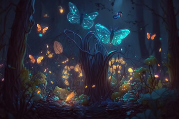 Obraz na płótnie Canvas The Enchanted Beauty of the Glowing Forest with sparking butterflies. Generative AI