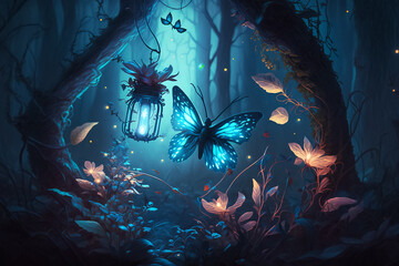 Fototapeta na wymiar The Enchanted Beauty of the Glowing Forest with sparking butterflies. Generative AI