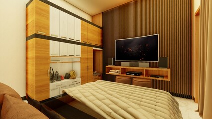 Fototapeta premium bedroom interior with natural color decoration with wood and parquet floors. 3d renders