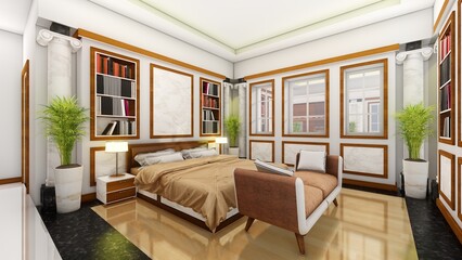Luxurious modern classic bedroom interior design. 3d renders