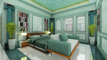 Modern classic bedroom interior design in marble green color with bookcase. 3d rendering