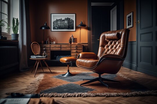 Stylish interior of living room with design armchair