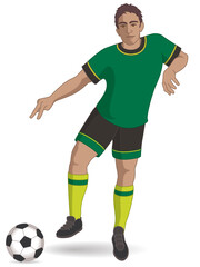 para sports paralympic 7-a-side football male player with neurological handicap kicking ball isolated on white background