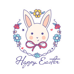 Happy Easter day card, vector illustration of a cute baby bunny with wreath, spring bouquet of flowers. Adorable print, card, sticker.
