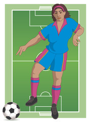 Fototapeta premium para sports paralympic 7-a-side football female player with neurological handicap kicking ball including pitch and field in background