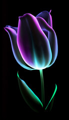 Neon lit tulip isolated on black background. Generative AI